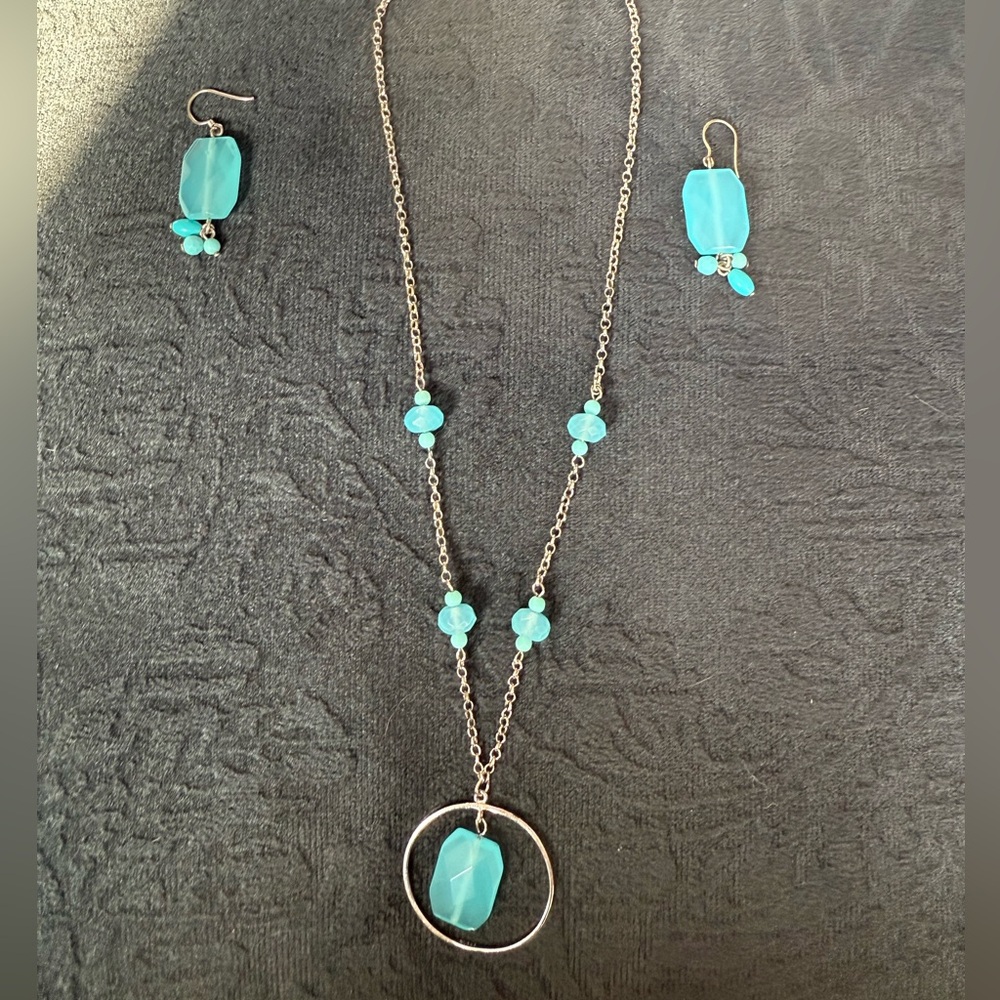 Silver Necklace and Earring set with Blue Beads
